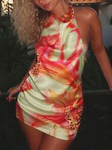 Women Floral Pirnt Halter Backless Mini Dress Bodycon Sexy Pary Short Dress Vacation Evening Club Prom Clothes - Light Yellow - View 8