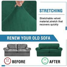 Sofa Cover 3 Piece T Cushion Loveseat Slipcovers Thick Velvet Couch Cover Stretch T Cushion Sofa Covers For 2 Cushion Couch With 2 Individual T Cushion Covers Washable, Stone Blue - 綠色 - 查看 11
