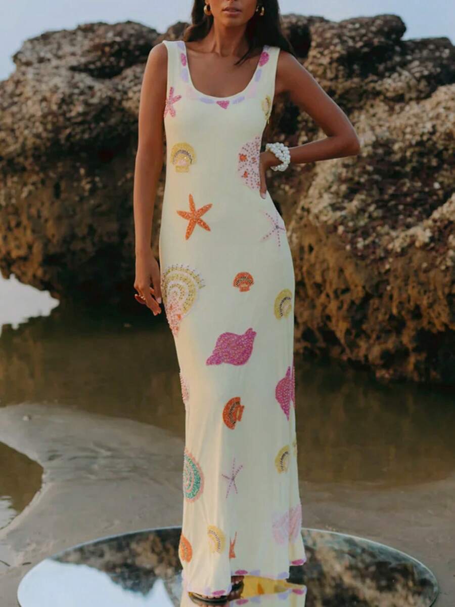 Women Starfish Shell Printed Maxi Dress Spaghetti Strap Backless Bodycon Long Dress Summer - Yellow - View 1