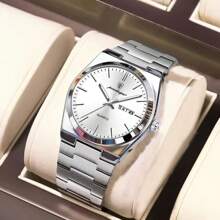 1pc Men's Watches Real POEDAGAR Brand 50M Waterproof Precision Japan Imported Quartz Movement Clock Birthday Gifts For Men Rust-Proof Silver 316 Stainless Steel Strap English Calendar Function Luminous Hands Business Father's Day Memorial Gift For Husband Back To School Essentials