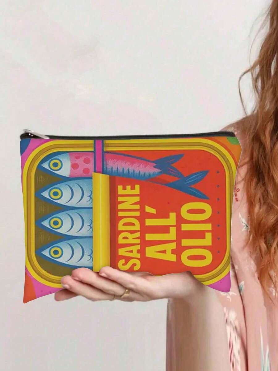 独特的红色帆布沙丁鱼罐头迷你化妆包 - 时尚拉链袋，旅行必需品，橄榄油设计，轻巧可洗，非常适合配件或铅笔盒，小化妆包，回到学校假期暑假学校用品包，适合学校旅行包，女士化妆包，适合旅行 - 彩色 - 查看 1