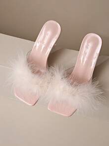 Women's Fluffy Feather-Like Open Toe High Heel Sandals, Outdoor Fashionable Casual Mule Stiletto Flower-Shaped Heels, Solid Color High Heel Sandals, Perfect Choice For Spring/Summer Outings - Pink - View 2