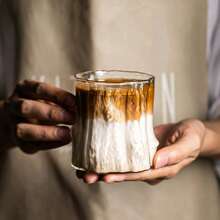 A Tree Stump Design Coffee Cup, 300ml Glass Cup, Large Wide Mouth Transparent Glass Teacup, Beautiful Striped Glassware For Coffee, Tea, Desserts, And Beverages