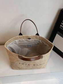 Large Capacity Casual Vacation Straw Tote Bag, Minimalist Elegant Women's Shoulder Handbag - Coffee - View 8