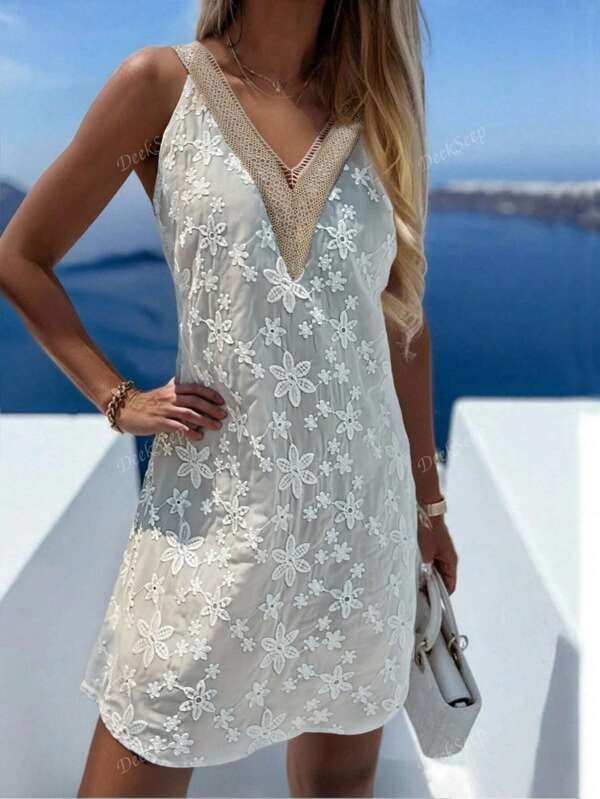 Women's Elegant Eyelet Embroidered Colorblock V-Neck Sleeveless Short Dress, Spring/Summer Resort Wear, Wedding Guest Outfit