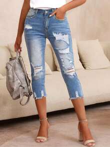 Slim Fit Ripped Women's Denim Capri Pants - Light Wash - View 1