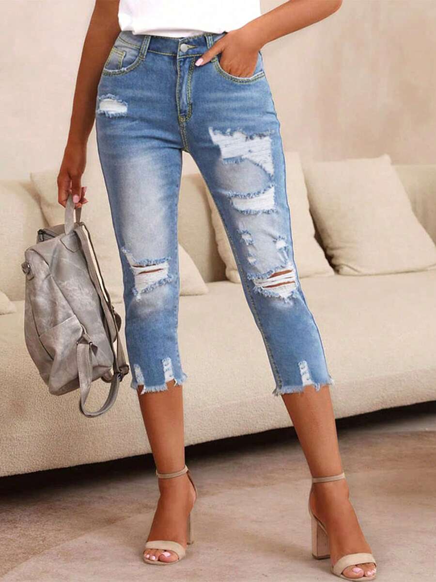Slim Fit Ripped Women's Denim Capri Pants - Light Wash - View 1