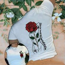 Camiseta Para Mujer Con Estampado En La Espalda De Hermosa Rosa Y Silueta De Mujer Y Pequeña Rosa Al Frente, Camiseta Con Doble Estampado De Cuello Redondo Y Manga Corta, Playera Casual Unisex Para Primavera Verano, Ropa De Mujer, Ropa de Hombre - Blanco - Ver 3