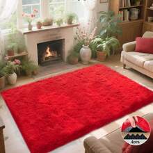 Shaggy Area Rug For Living Room, Plush Fuzzy Rug For Bedroom, Large Red Shaggy Soft Indoor Throw Carpet, Modern Home Decor Aesthetic, Non-Slip Base, Great Gift For Mother's Day, Housewarming & Easter, Dry Clean Only, With 4 Carpet Stickers - 紅色 - 查看 5