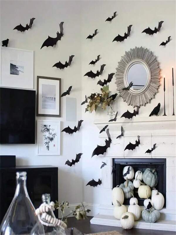 Adesivi a forma di pipistrello nero 3D, adatti per decorazioni di Ognissanti - Adesivi in plastica riutilizzabili e autoadesivi, applicabili per scene da festa dell'orrore, in stile moderno a cartone animato, a tema animale, facili da installare, decorazioni di Ognissanti