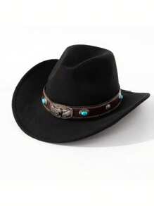 1pc Unisex Western Cowboy Hat With Removable Turquoise Bead Silver Cow Decor Band, Suitable For Party Gathering And Daily Wear
