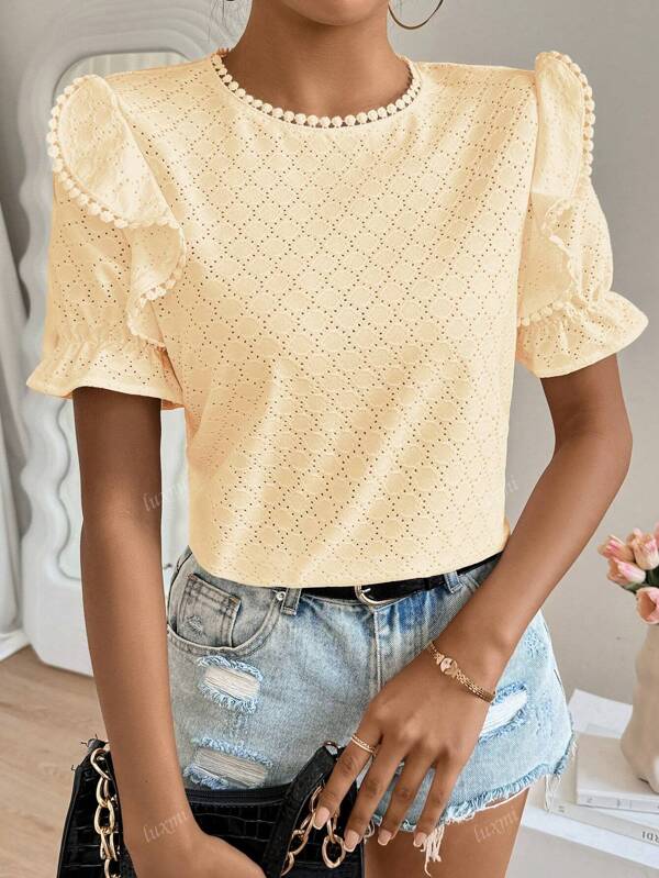 French Romantic Lace Hollow Short Sleeve T-Shirt, Geometric Jacquard Lace Trim Neckline, Suitable For Dating, Casual, Travel, Brunch, Tea Party In Summer