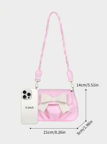 Bolsa de Ombro Feminina de Cor Sólida, Bolsa Transversal PU com Laço Decorativo Fofo, Adequada para Presentes, Transporte Diário, Escola, Mini Bolsa para Telefone, Bolsa Plissada