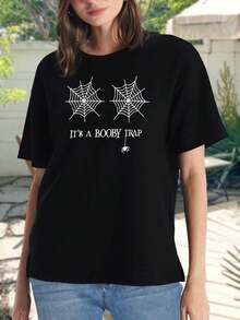 Camiseta divertida de Halloween para mujer con trampa explosiva - Camiseta gráfica con estampado de telaraña - Top de manga corta cómodo de mezcla de algodón para fiestas y eventos de disfraces - Negro - Ver 2