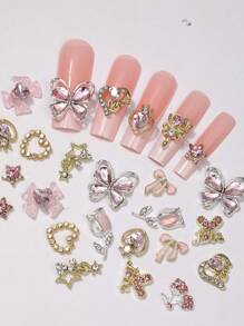 24 Nail Accessories, Y2k Alloy Nail Art Rhinestone Accessories, 3D Heart-Shaped Star Bow Rhinestone Cherry Nail, Gemstone Shiny Jewelry, Nail Decoration Accessories And Supplies