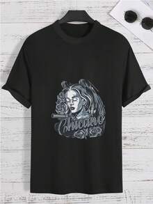 1pcs Chicano Girl Roses Gun Printed Men's Tee  Vintage Style Tshirt 220g Heavyweight 100% Pure CottonPerfect For Casual Wear  Machine Washable  Ideal Gift For Father's Day - Black - View 1