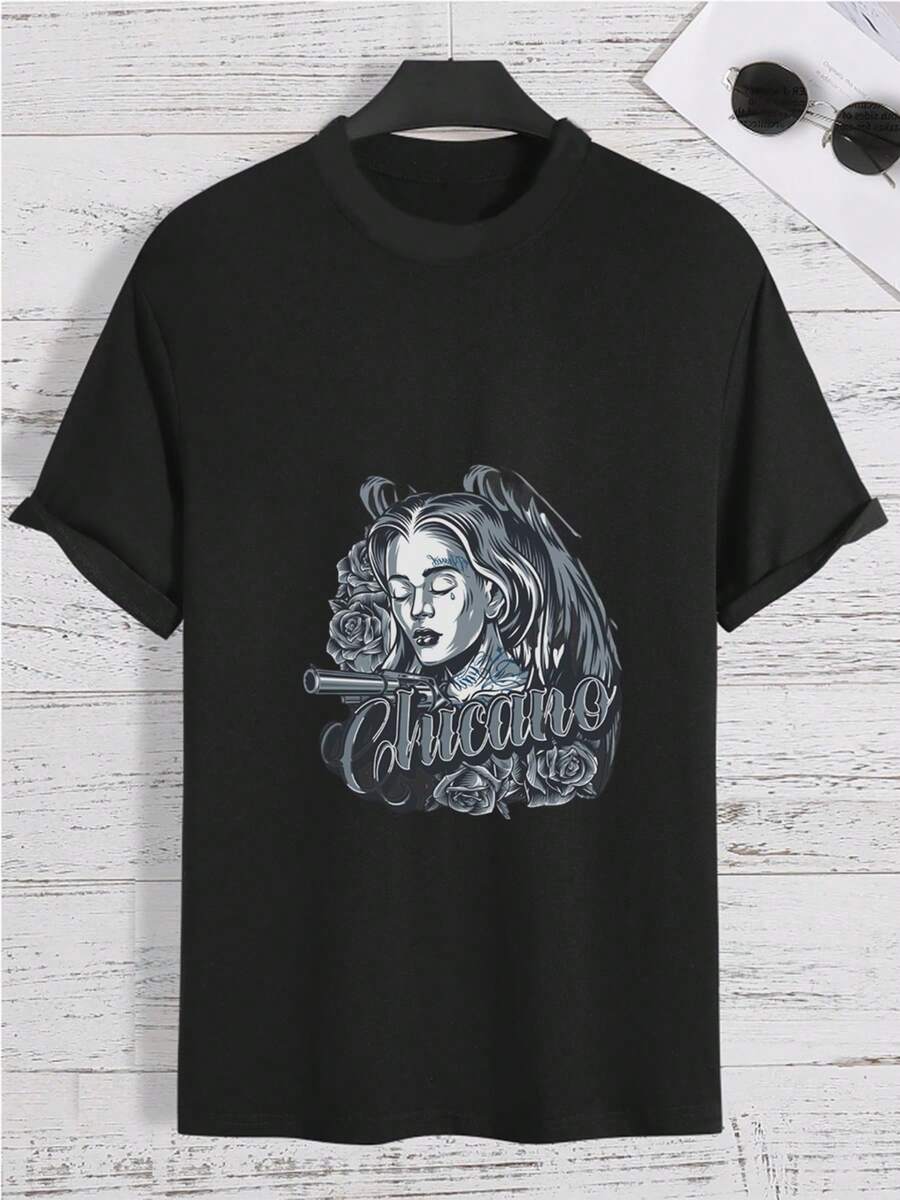 1pcs Chicano Girl Roses Gun Printed Men's Tee  Vintage Style Tshirt 220g Heavyweight 100% Pure CottonPerfect For Casual Wear  Machine Washable  Ideal Gift For Father's Day - Black - View 1