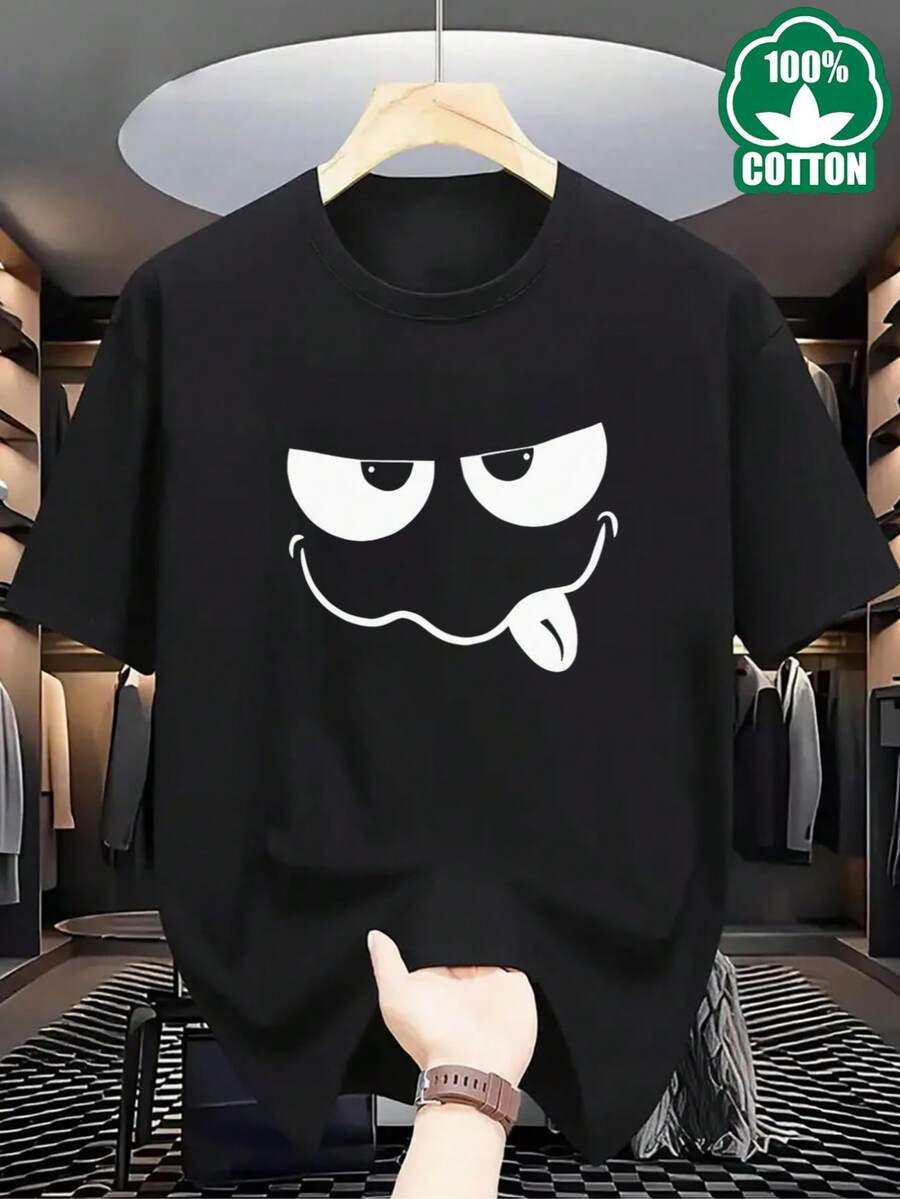 new men's casual style short-sleeve T-shirt, high-quality breathable round neck, machine washable,  printed top in black Black T Shirt With Funny Suitable for sports and daily casual wear - Negro - Ver 1