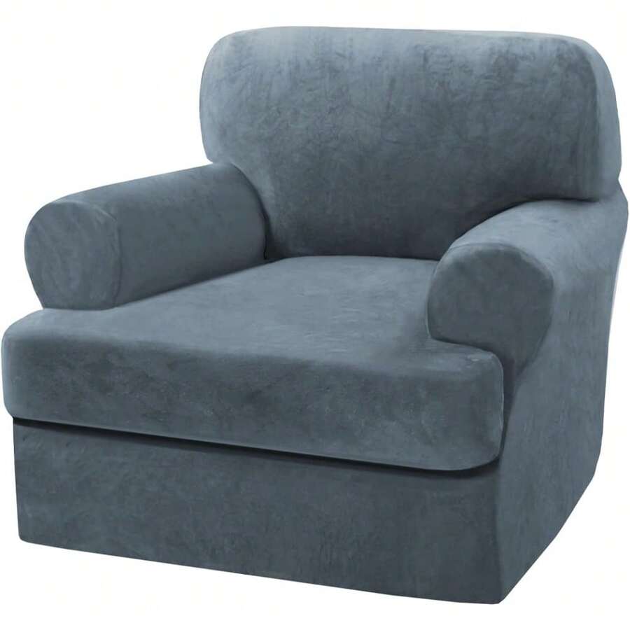Sofa Cover 3 Piece T Cushion Loveseat Slipcovers Thick Velvet Couch Cover Stretch T Cushion Sofa Covers For 2 Cushion Couch With 2 Individual T Cushion Covers Washable, Stone Blue - Stone Blue - 查看 1