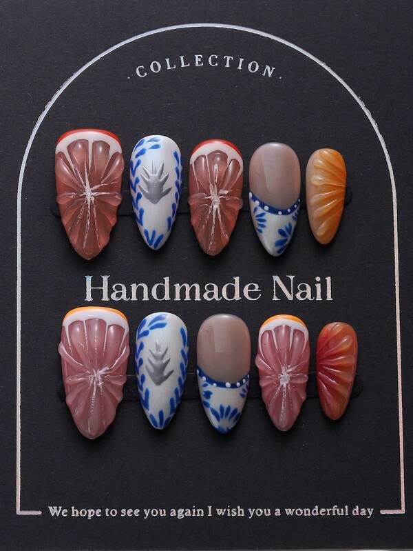 10pcs Almond Nail Stickers, Handpainted French Porcelain 3D Grapefruit Design, Luxury Handmade Nail Art, Cute, Sweet, Spicy, Ins, Y2K, Elegant, Suitable For Ladies And Girls