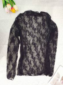 1 pezzo Camicetta casual trasparente da donna con colletto in pizzo e merletto, elegante collo alto, maniche lunghe, effetto velato