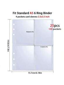 25 Packs 100 Pockets 6 Ring A5 Binder Sleeves, 2.5x3.5" Photocard Sleeves, Double-Sided 4 Pocket Page Protector, Ultra-Clear Trading Card Sleeve Sheets,Back To School,School Supplies