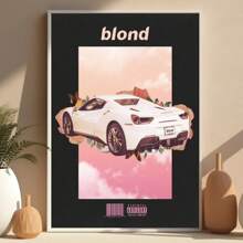 1pc White Car With "Blond"On Pink - Cloud Background Prints Canvas Painting "Artistic Creative Poster Of Pink Clouds And White Car" Decor For Bedroom ,Living Room ,Office Room ,Wall Decor