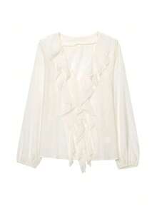 Seelio Summer New Arrival Women Layered Ruffle Trim Blouse - Apricot - View 1