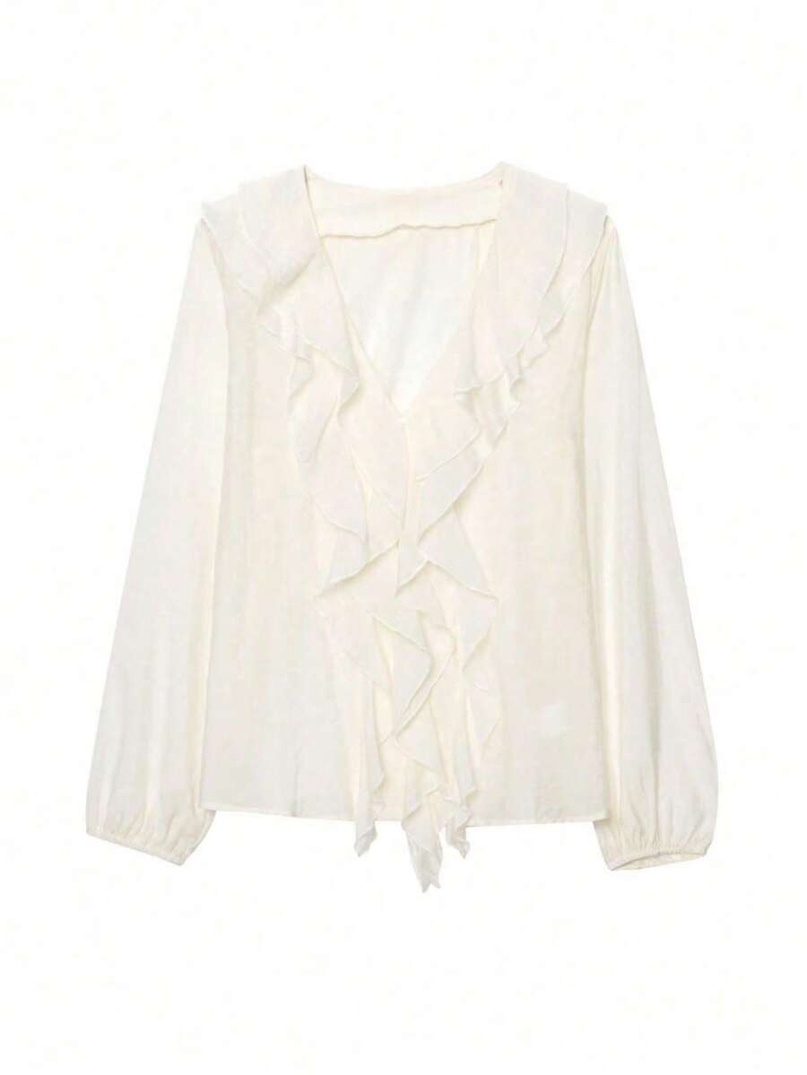 Seelio Summer New Arrival Women Layered Ruffle Trim Blouse - Apricot - View 1