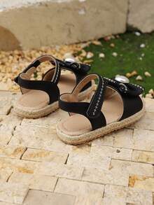1 Pair Girls' Bow Pearl Embroidered Open Toe Hook And Loop Rope Bottom Sweet Cute Flat Sandals, Suitable For Summer