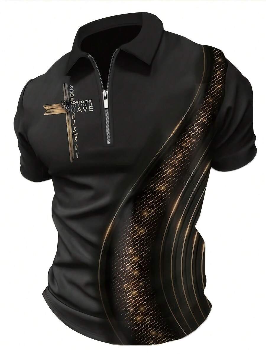 Men's Fashion Geometric Lines And Cross Print Short Sleeved Zipper Lapel Shirt For Summer Daily Use - Màu sắc hỗn hợp - Xem 1