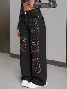 1 pieza pantalon de mezclilla,baggy,rigido para mujer,comodidad,casual. - Gris Oscuro - Ver 2