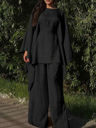 Terno feminino elegante com cintura franzida e manga morcego solta, casual para férias