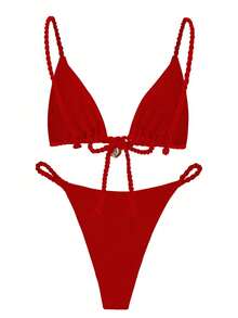 性感纯色编织女士比基尼泳装 - 紅色 - 查看 3