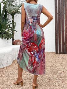 女式圆领蝴蝶印花无袖连衣裙，春夏