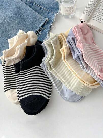 5/10/20 pares de calcetines de tobillo para niña, calcetines de rizo a rayas, aptos para todas las estaciones, en colores aleatorios