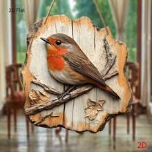 Segno da parete in legno piatto 2D a forma di uccello pettirosso, stile rustico di fattoria, con foglie e rami autunnali, perfetto per cucina, vacanze, bar, porta e decorazione portico di casa
