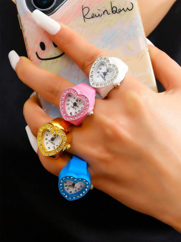 1pc Personalized Cute Y2K Hot Girl Night Club Styles Colorful Heart-Shaped Inlaid Rhinestone Readable Time Elastic Adjustable Finger Watch Rings For Women Couples Vintage Gift Funky Goth Pink, Blue, Pule, Green, Red, Silver, Gold Clock Rings Prom Accessories Jewelry