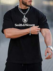 Plus Size Men's Casual Short Sleeve T-Shirt With "Smith & Wesson" Print, Simple Slogan Design, Suitable For Commuting, Dating, Dining Out And Other Formal/Casual Occasions - Round Neck, Short Sleeve, Slim Fit To Highlight Male Physique - Made Of Elastic Polyester Fiber, Soft And Breathable - Machine Washable - Perfect Gift For Men - Black - View 6