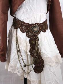 1 件女式复古棕色西式金属心形拼接腰带，Y2K Baddie 复古美学皮革腰带配蝴蝶链情人节情人节夏季、学校秋季、秋季、万圣节