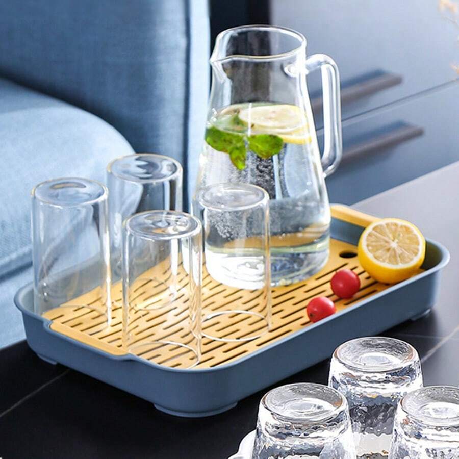 1pc Water Cup & Drip Tray Set, Household Living Room Dual-Layer Rectangular Tea Tray, Fruit Plate & Storage Dish - Deep Sea Blue - View 1