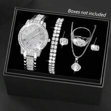 7pcs Women's Watches Fashion Digital Scale Dial Rhinestone Quartz Watch Round Hands Women's Watches & Jewelry Accessories Rhinestone Necklace Bracelet Earrings Ring Set Party Wedding Gift Beach Vacation Valentine Gift