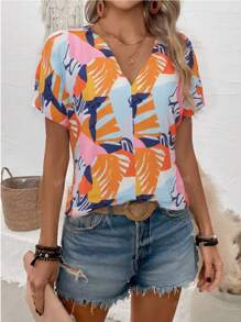 Plus Size Women V-Neck Printed Short Sleeve Tops, Casual Summer Holiday Wear