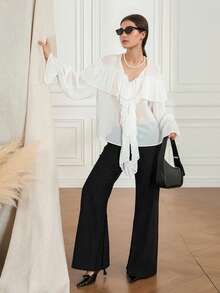 Women's Long Sleeved Shirt, Solid Color Pleated V-Neck Chiffon Shirt, Spring Loose Casual Top Street Wear, Suitable For Outdoor Travel, New Year's, Christmas, Valentine's Day Gifts, Classic Elegance,  , Autumn And Winter Clothing - Ivory - View 3