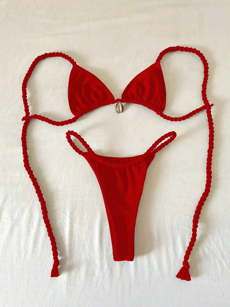 性感纯色编织女士比基尼泳装 - 紅色 - 查看 1
