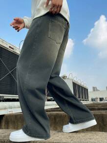 1 pieza Jeans hombre rectos y holgados con efecto desgastado y lavado vintage, pantalones vaqueros anchos y informales de estilo streetwear