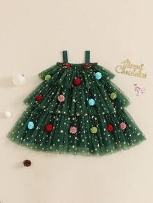 Kids Toddler Baby Girl Christmas Dress Sleeveless Star Layered Tutu Dress With Pompom Balls Princess Dress Toddler Christmas Tutu Dress Baby Girl Sleeveless Layered Tulle Dress Little Girl Princess Dresses Christmas Outfit - 綠色 - 查看 1