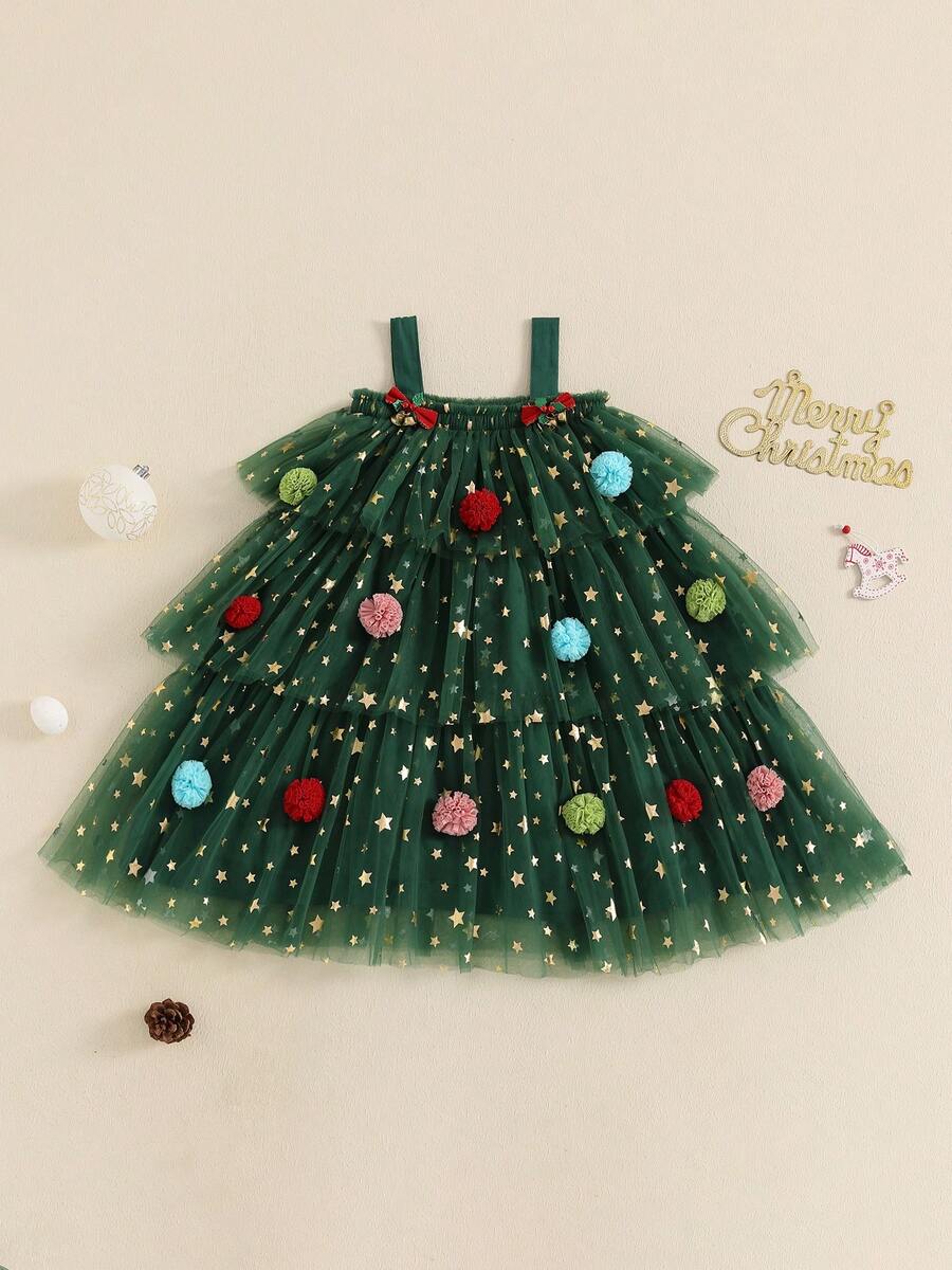 Kids Toddler Baby Girl Christmas Dress Sleeveless Star Layered Tutu Dress With Pompom Balls Princess Dress Toddler Christmas Tutu Dress Baby Girl Sleeveless Layered Tulle Dress Little Girl Princess Dresses Christmas Outfit - 綠色 - 查看 1