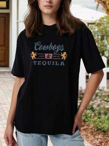 Camiseta de manga corta con leyenda de tequila vaquero para mujer - Camiseta gráfica occidental vintage - Regalo perfecto para amantes del tequila y la música country - Negro - Ver 1