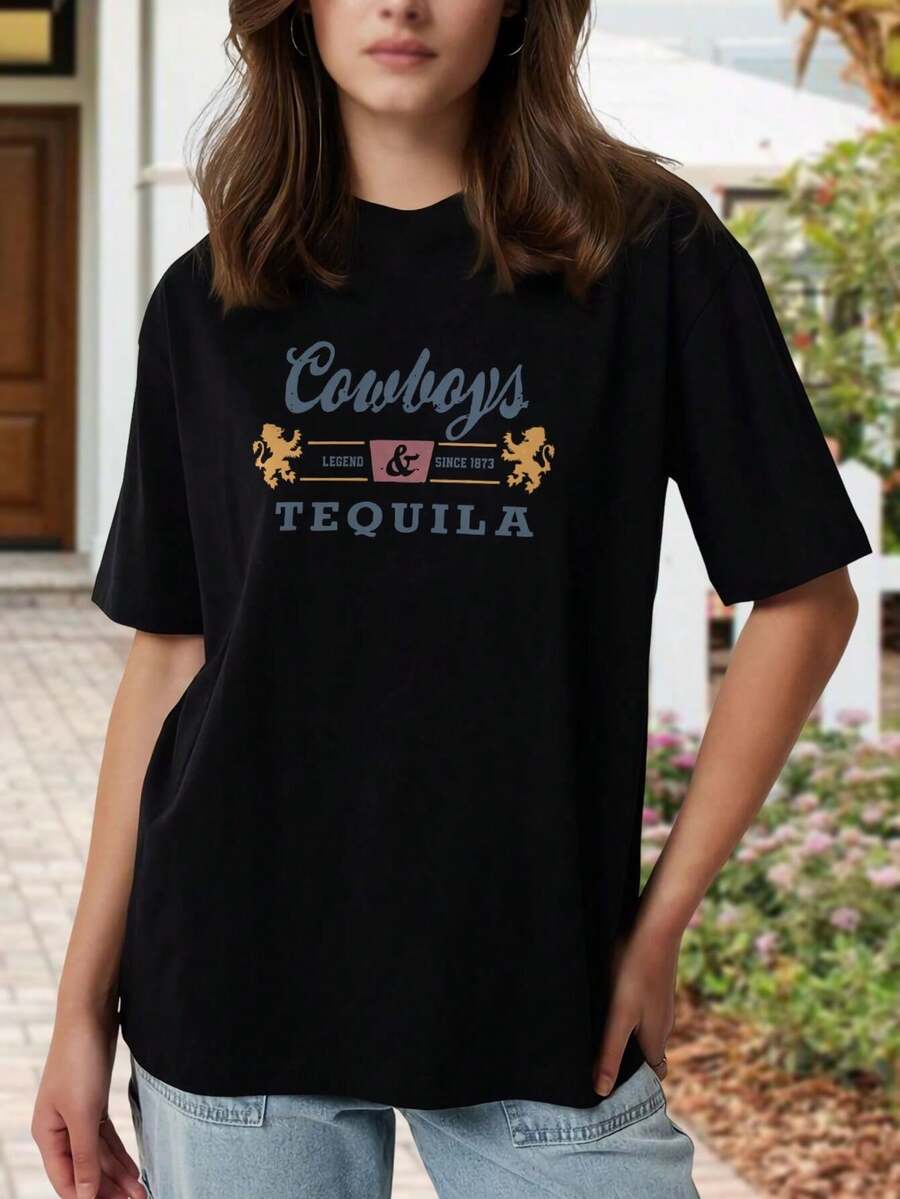 Camiseta de manga corta con leyenda de tequila vaquero para mujer - Camiseta gráfica occidental vintage - Regalo perfecto para amantes del tequila y la música country - Negro - Ver 1